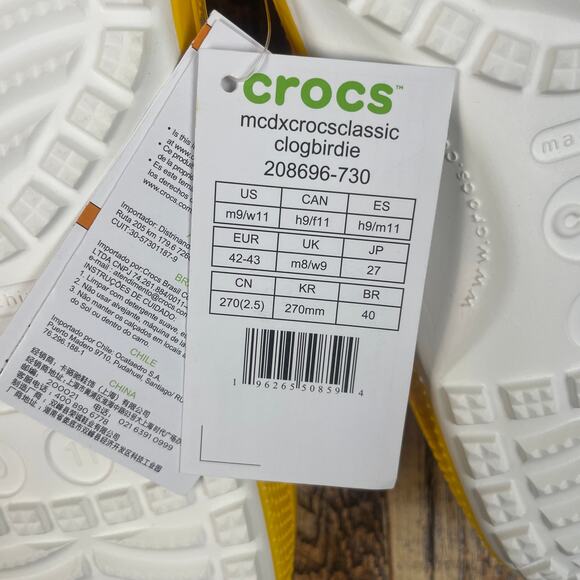Crocs X McDonald's Adult Unisex M9/W11 Yellow Birdie Classic Clog - Picture 8 of 16
